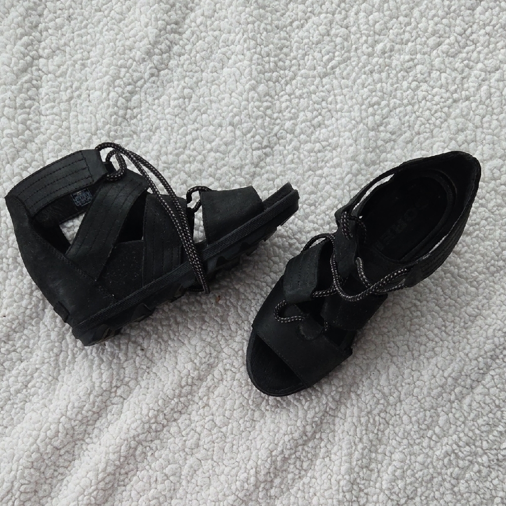 Sorel Womens Joanie II  Lace Up Black Wedge Gladiator Sandals Size 8